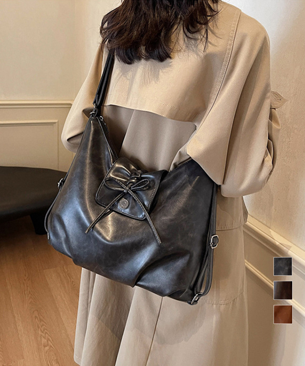 黒 バッグ リボン付き合皮ショルダーバッグ2way仕様