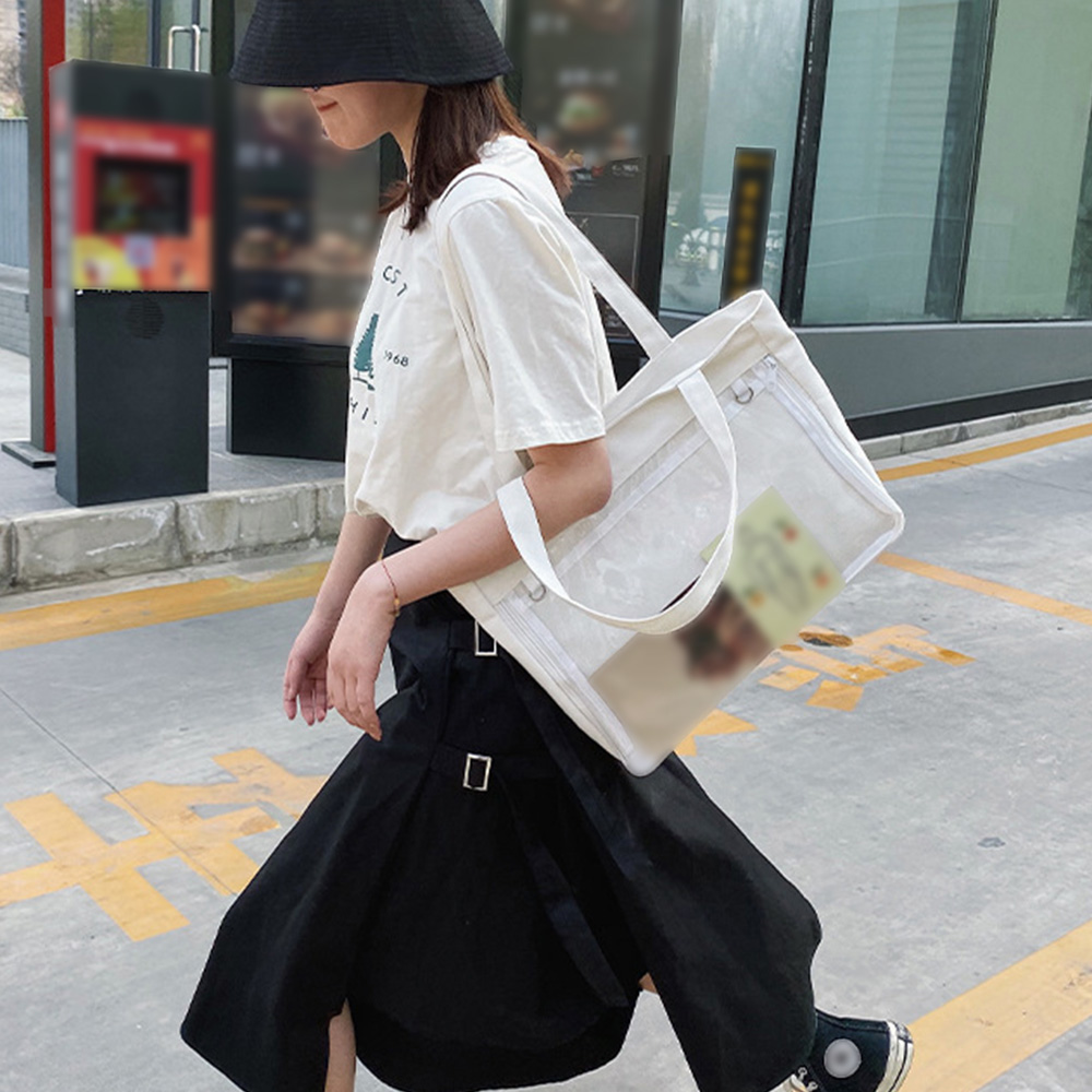 黒 バッグ 黒 透明ポケット付きトートバッグ 大容量