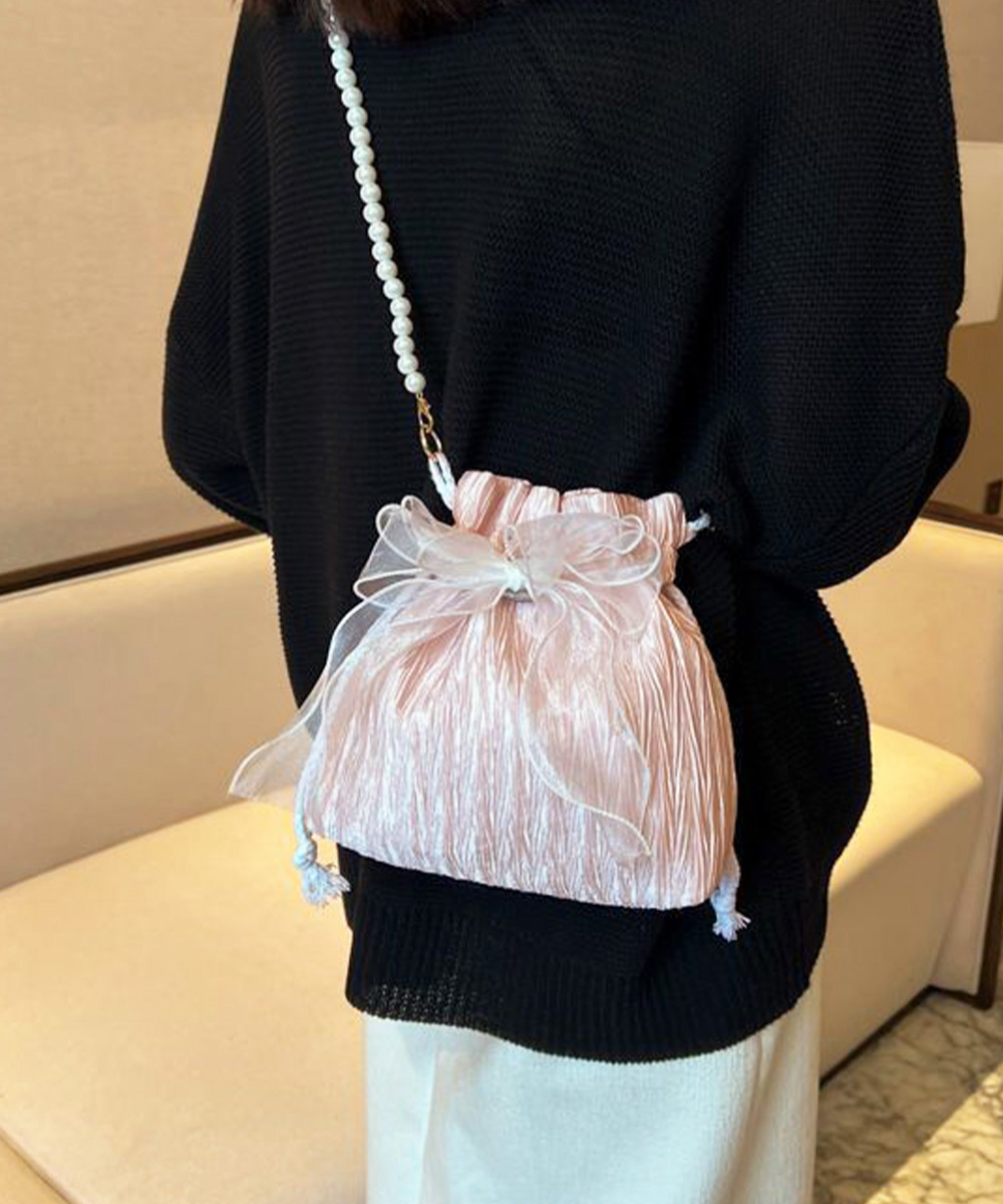 黒 バッグ 黒 巾着ショルダーバッグ リボン付き 結婚式 パール