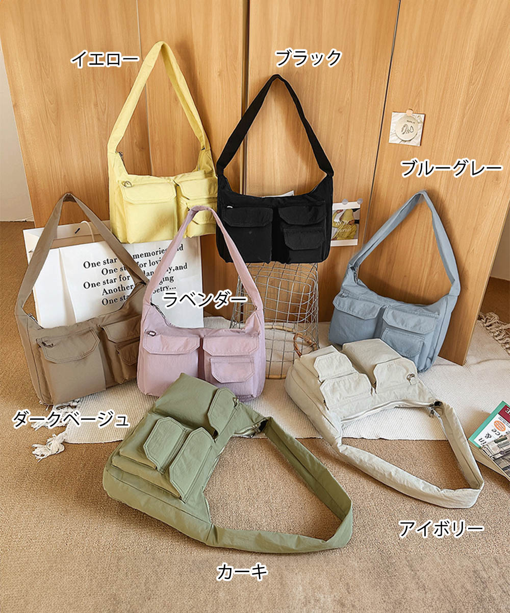 黒 バッグ 多機能ポケット付き黒ナイロンショルダーバッグ軽量