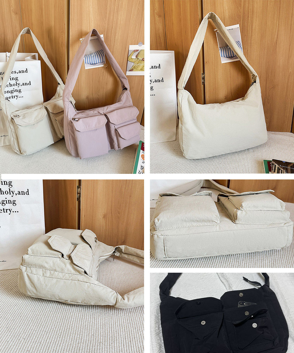 黒 バッグ 多機能ポケット付き黒ナイロンショルダーバッグ軽量