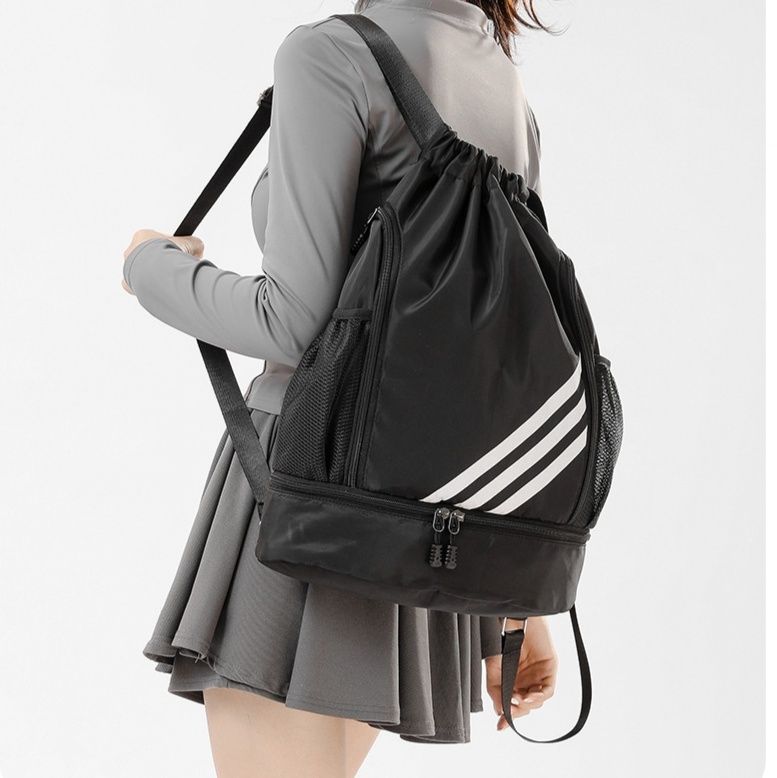 黒バッグ 巾着型ショルダーバッグ 多収納スポーツ仕様
