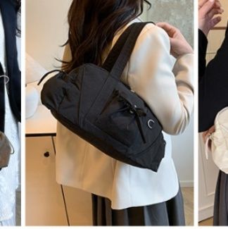 黒バッグ リボン飾り付きナイロンミニトートバッグ