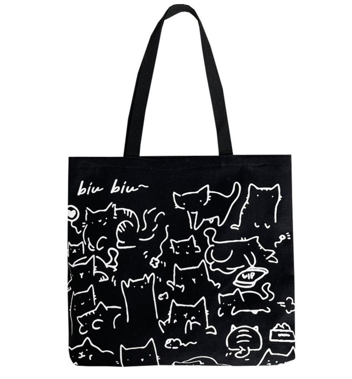 にぎやか猫いっぱいイラスト 黒トートバッグ