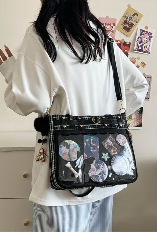 黒チェック柄透明ポケット付きハンドバッグ