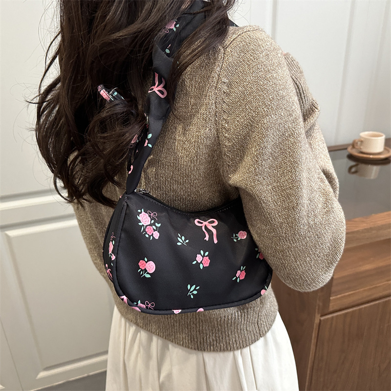 黒バッグ 花柄リボン総柄ミニショルダーバッグ