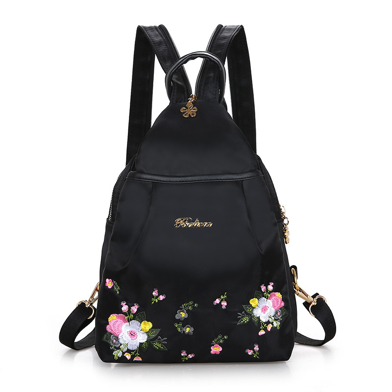 黒バッグ 花柄刺繍ナイロン製二通り使いリュック