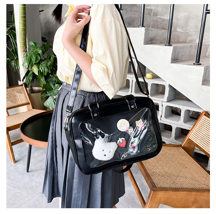 黒バッグ 透明ポケット付きかわいいデコレーションショルダーバッグ