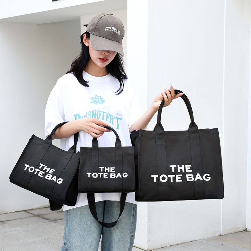 黒バッグ ロゴプリントキャンバス2wayトートショルダーバッグ