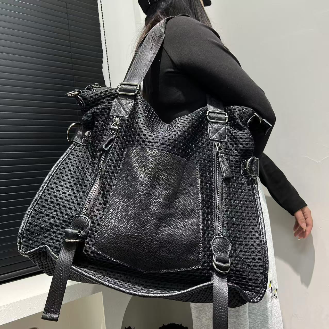 黒バッグ 編み込みデザイン大容量トートハンドバッグ