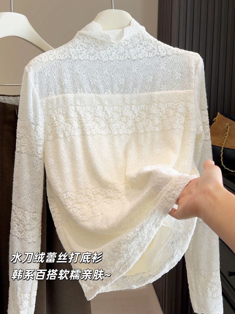 レース 服 新入荷レース打底衫長袖トップス裏起毛韓国風インナー二色