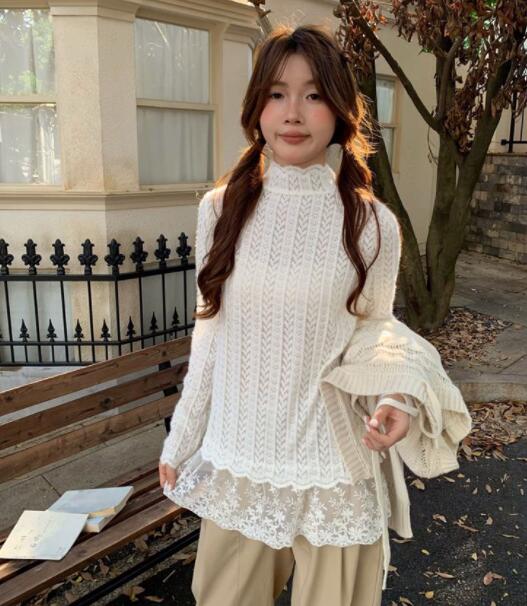 レース 服 秋冬レディース長袖ニット レース裾重ね着風トップス