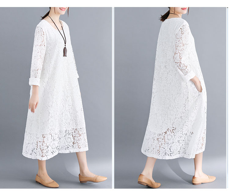 レース 服 総レース長袖ワンピース大きいサイズ着痩せミディ丈