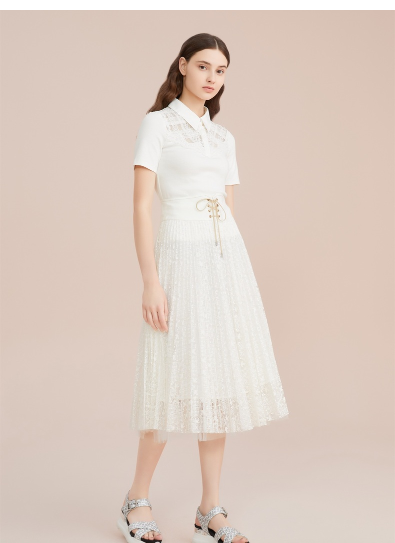 レース 服 胸元レース襟付き半袖ポロシャツ