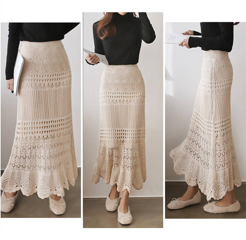 レース 服 春夏新作 透かし編み レースニットスカート ロング丈 女性用
