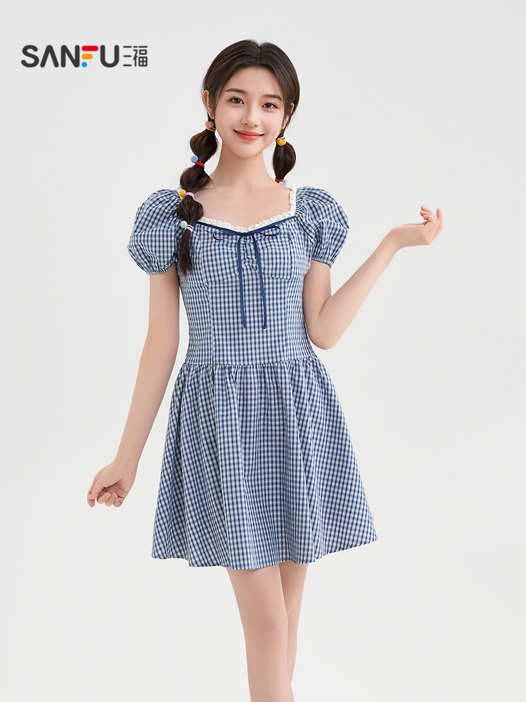 レース 服 格子柄レース縁取りパフスリーブワンピース