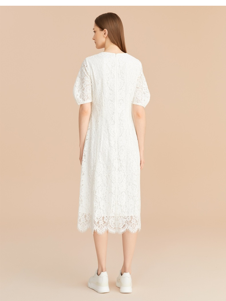 レース 服 花柄レース袖ふんわりミディ丈ワンピース