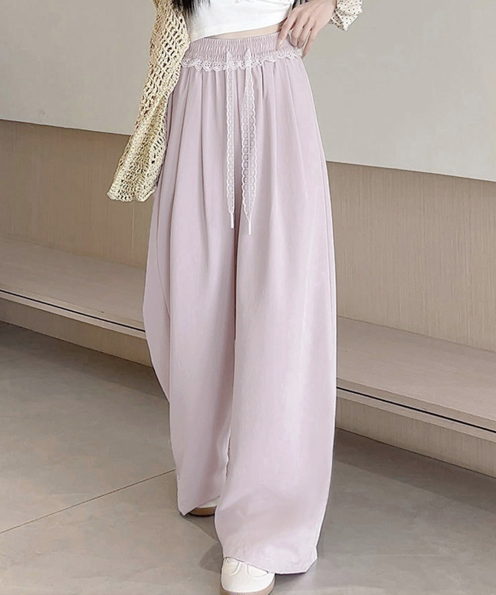 レース 服 レース装飾ワイドパンツ 夏用ゆったりボトムス