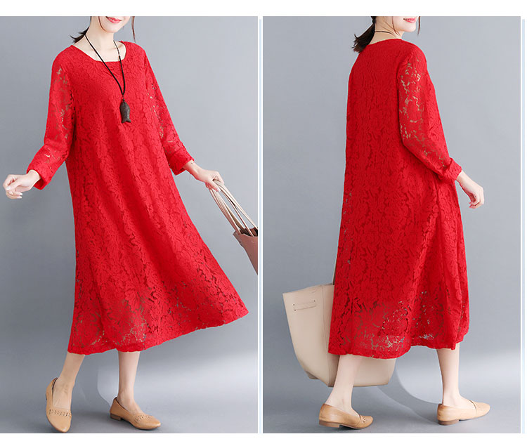 レース 服 総レース長袖ワンピース大きいサイズ着痩せミディ丈