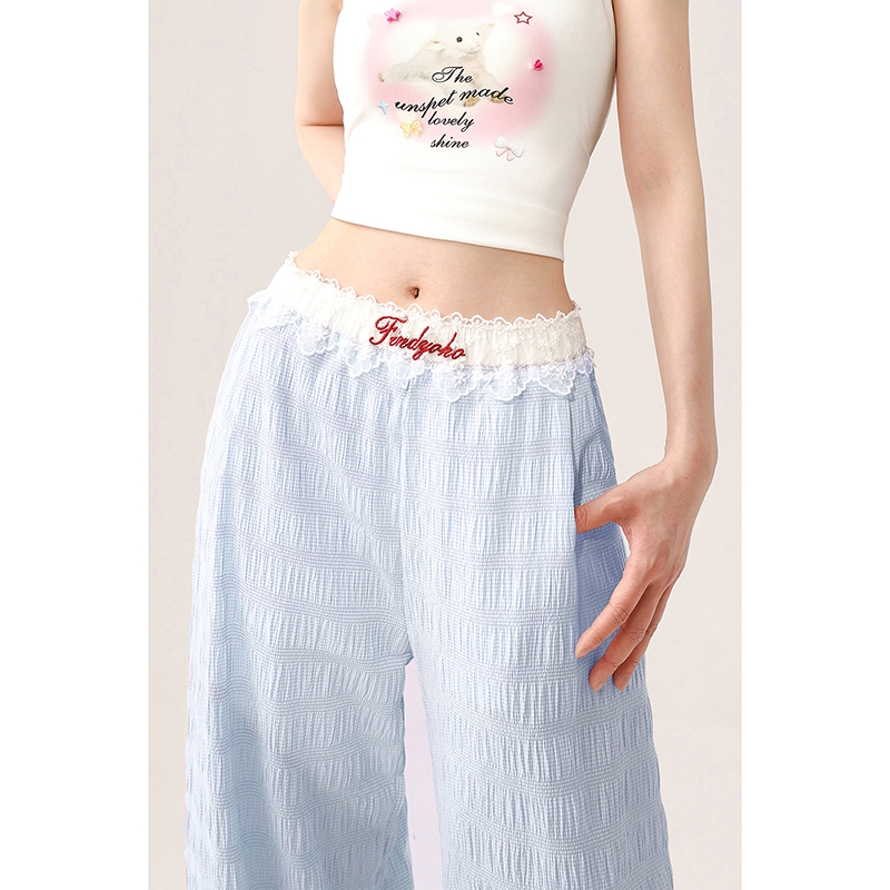 レースファッション レース付きシャーリングワイドパンツ