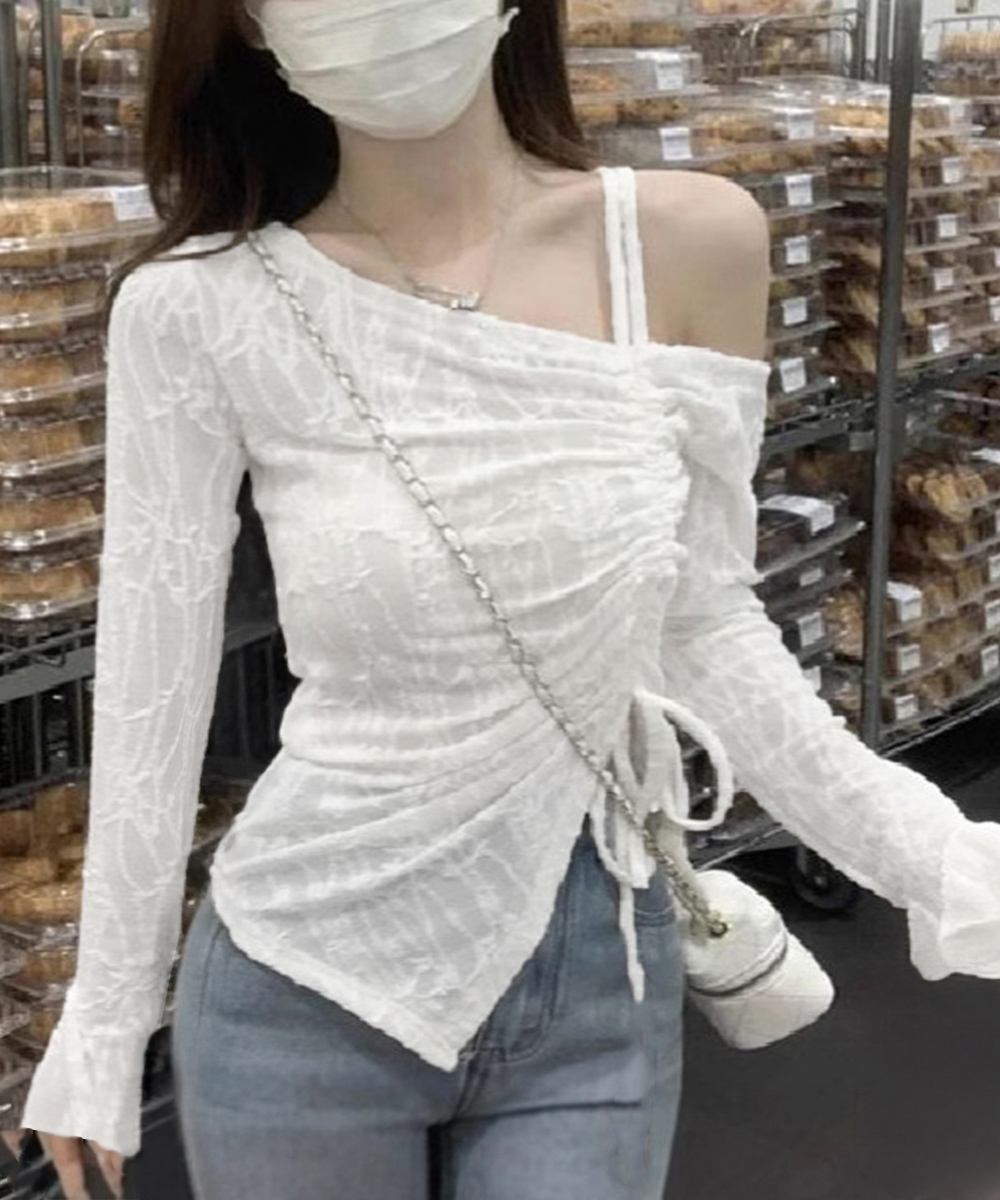 レース 服 ワンショルダーレーストップス肩出しギャザーデザイン