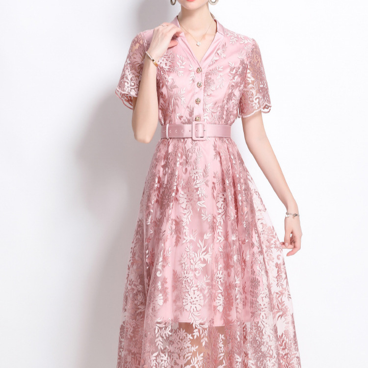 レース 服 花柄レース 前開きベルト付きワンピース
