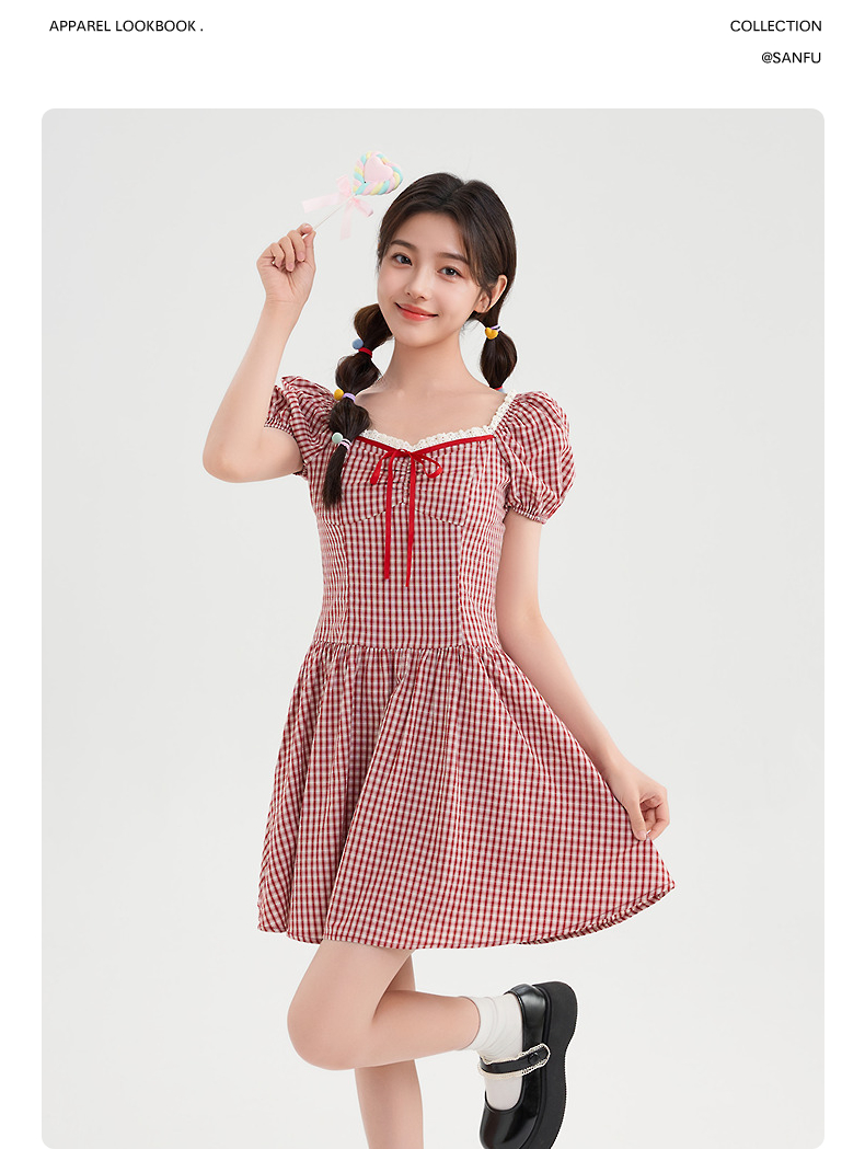 レース 服 格子柄レース縁取りパフスリーブワンピース
