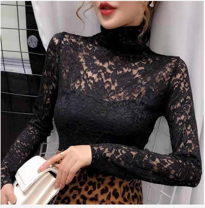 レース 服 秋新作レディース長袖ハイ襟レースインナートップス