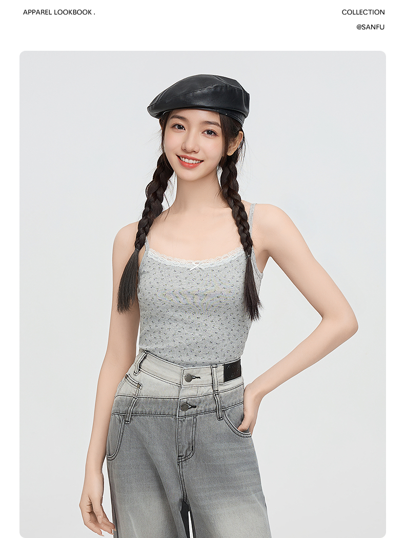 レース 服 小花柄レース縁取りキャミソール