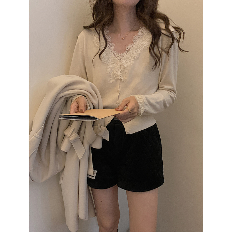 レース 服 レディース長袖レース襟ニットカーディガン 2色