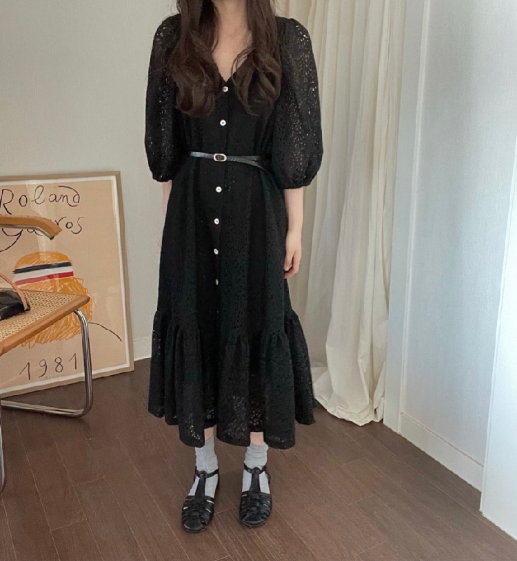 レース 服 レース透かし彫りワンピース体型カバーロング丈