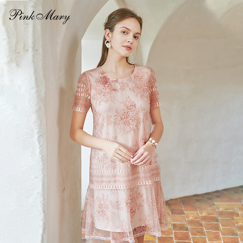レース 服 花模様刺繍入り透かしレースワンピース