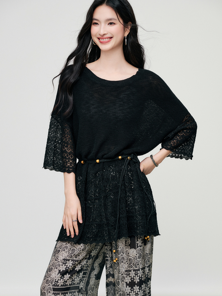 レース 服 花柄レース切替ゆったりプルオーバー
