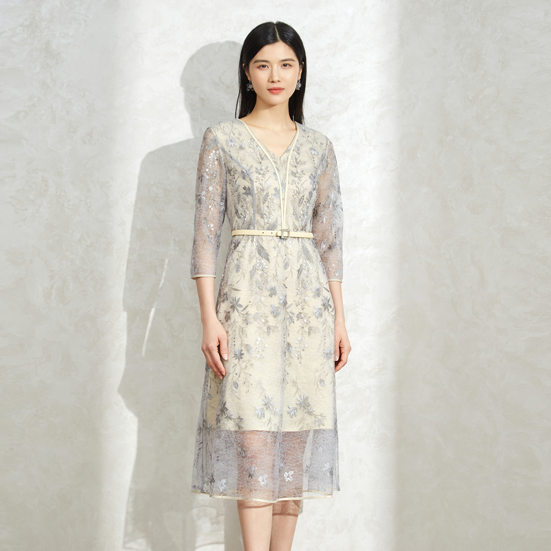 レース 服 花柄レース 七分袖ベルト付きワンピース