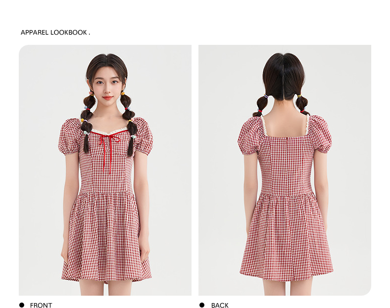 レース 服 格子柄レース縁取りパフスリーブワンピース