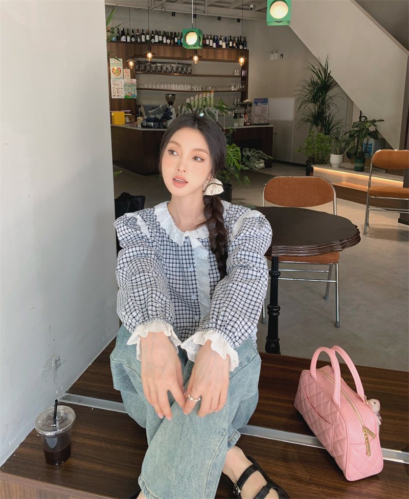 レース 服 レトロチェック柄レース飾りゆったりブラウス