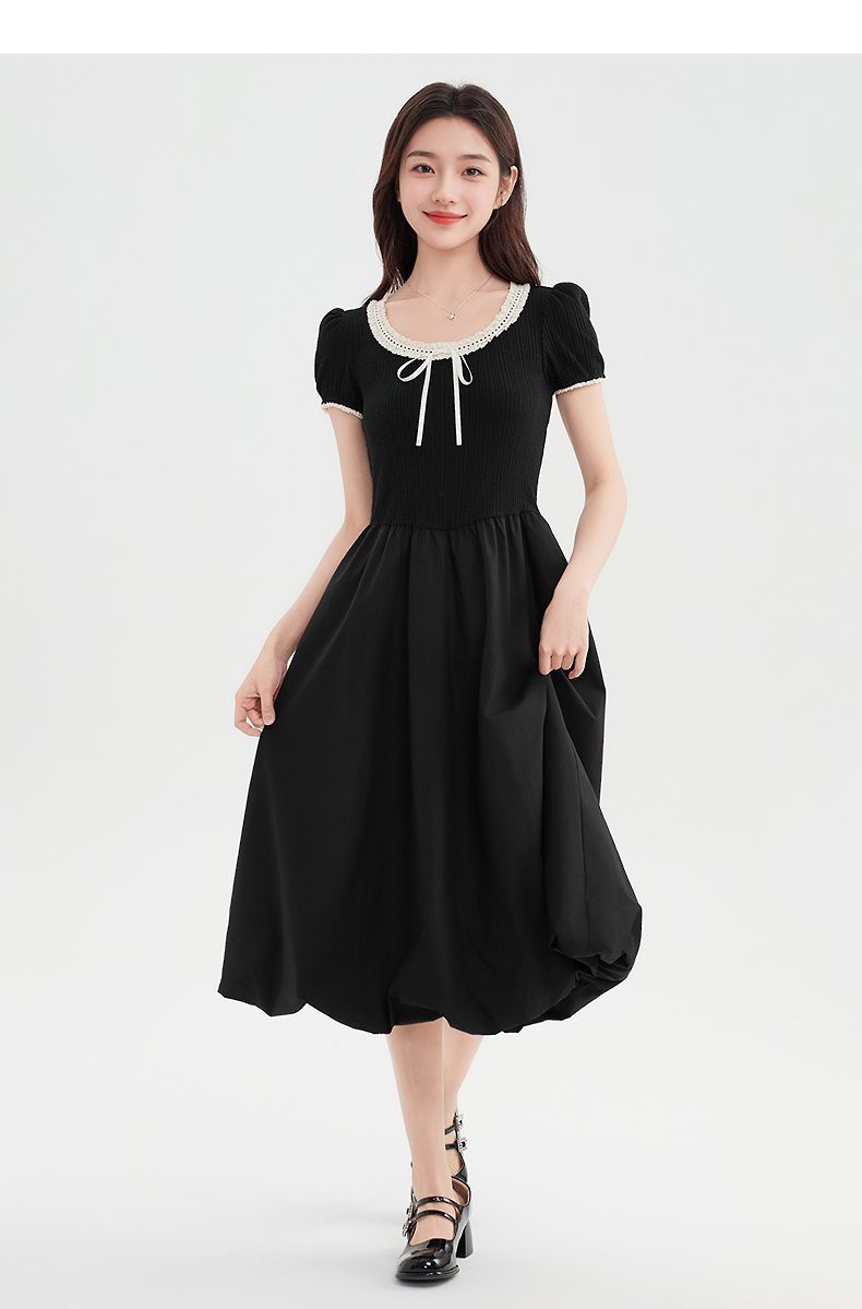 レース 服 上品リボン付きレース襟ワンピース