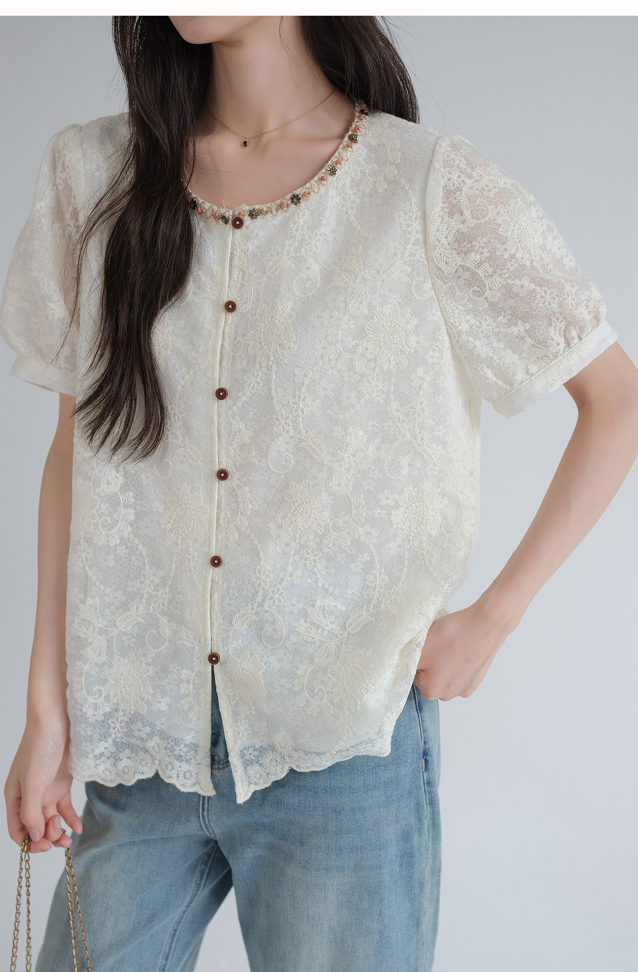 レース 服 花刺繍宝石襟パフスリーブレースブラウス