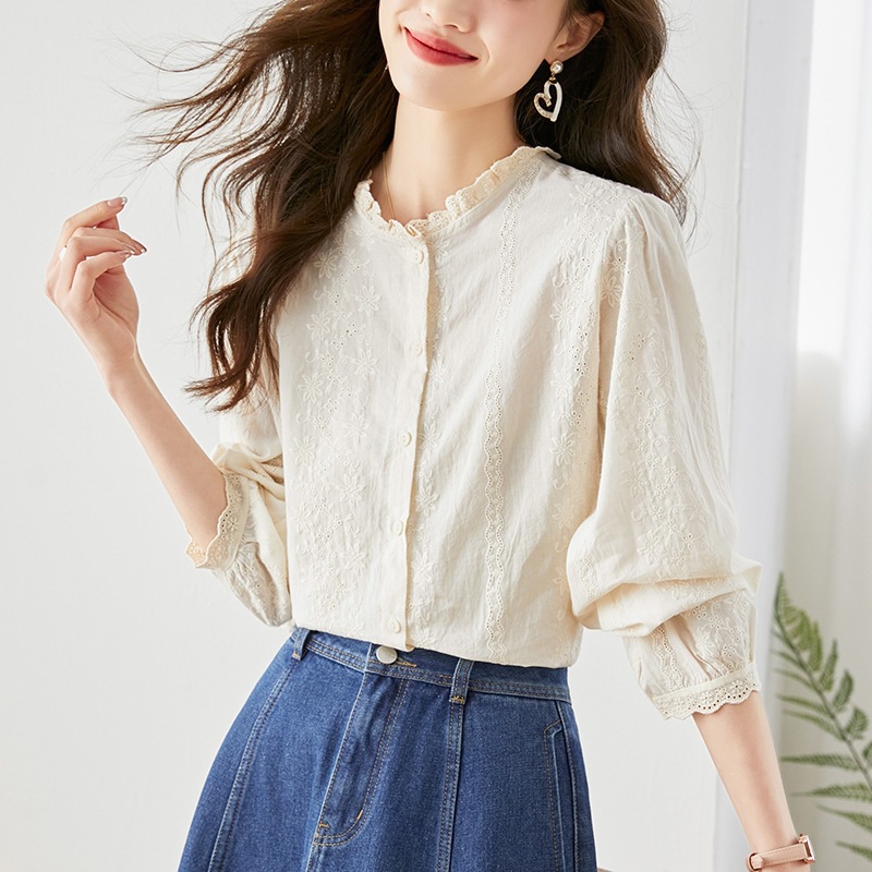 レース 服 花刺繍レース襟ふんわり袖ブラウス