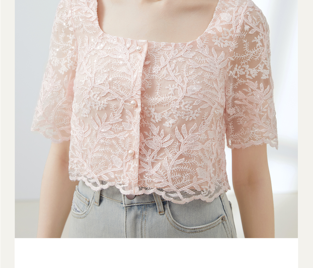 レース 服 花模様スクエアネックレーストップス