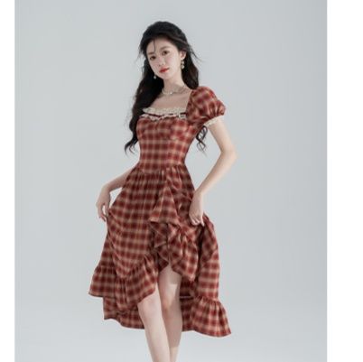 レース 服 格子模様フリルレースワンピース