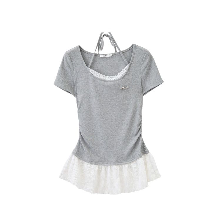 レース 服 レース裾フリル半袖リブトップス