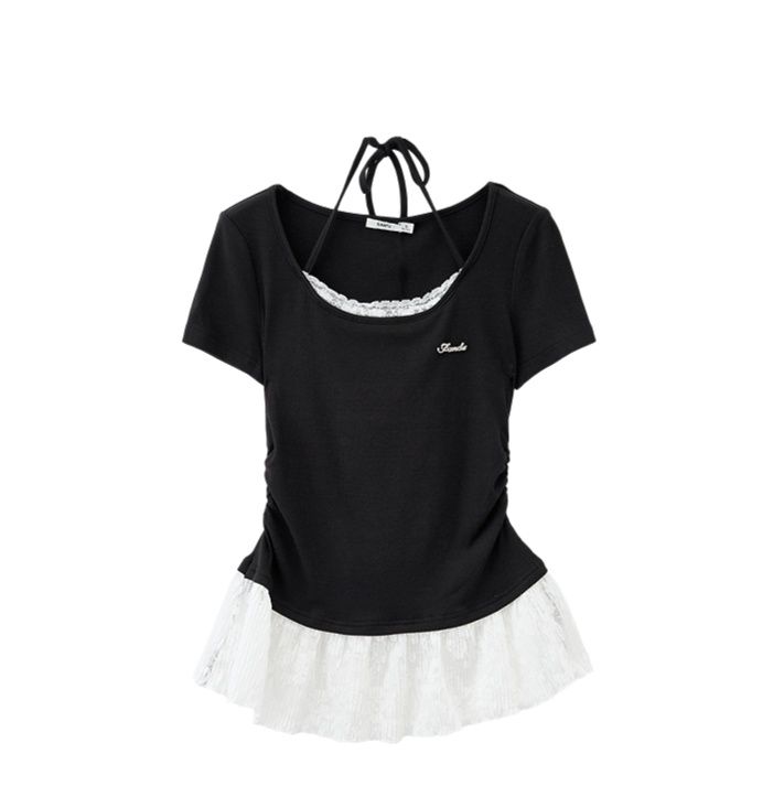 レース 服 レース裾フリル半袖リブトップス