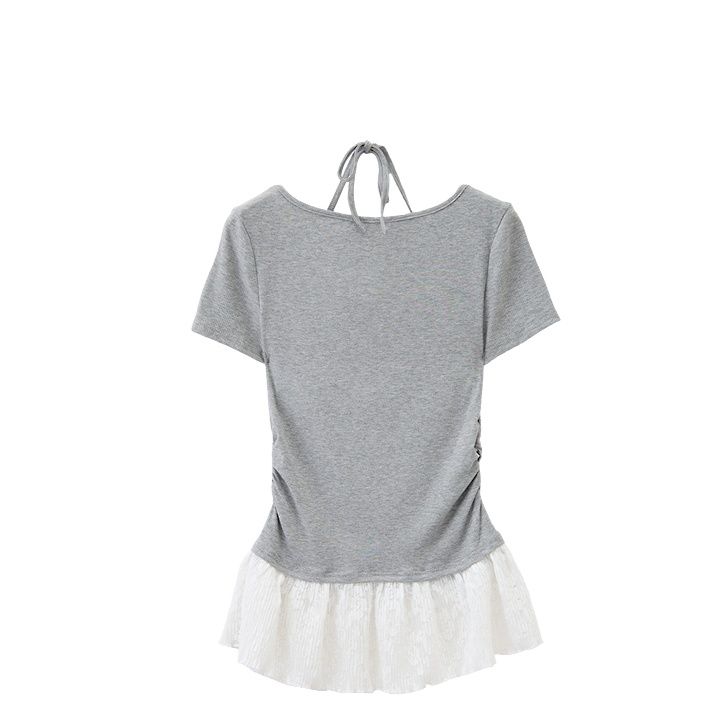 レース 服 レース裾フリル半袖リブトップス