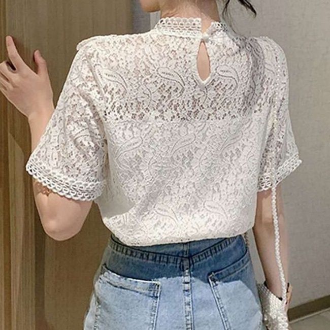 レース 服 上品レース 半袖ハイネックブラウス