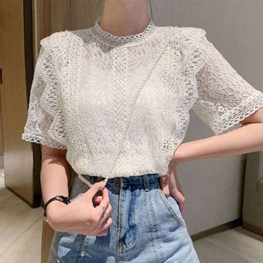レース 服 上品レース 半袖ハイネックブラウス