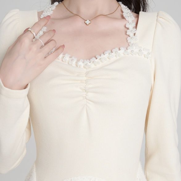 レース 服 パール飾り襟のレースミモレ丈スカートワンピース