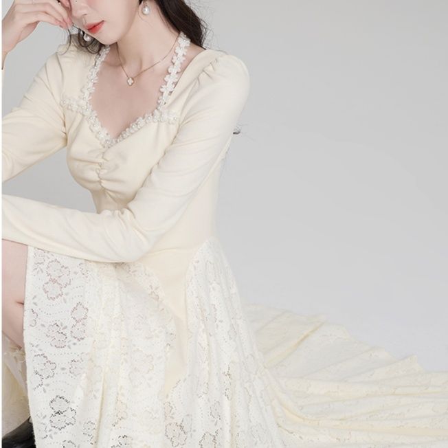 レース 服 パール飾り襟のレースミモレ丈スカートワンピース