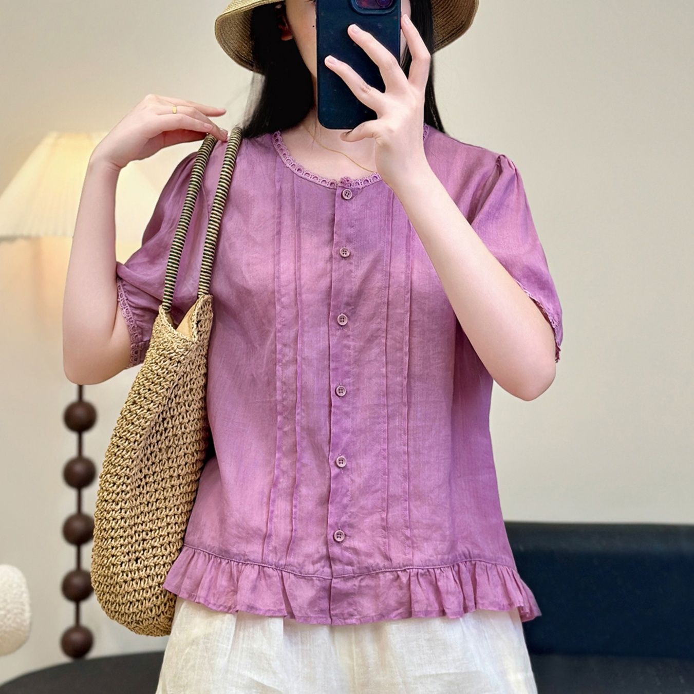 レース 服 繊細レース飾り裾フリルブラウス