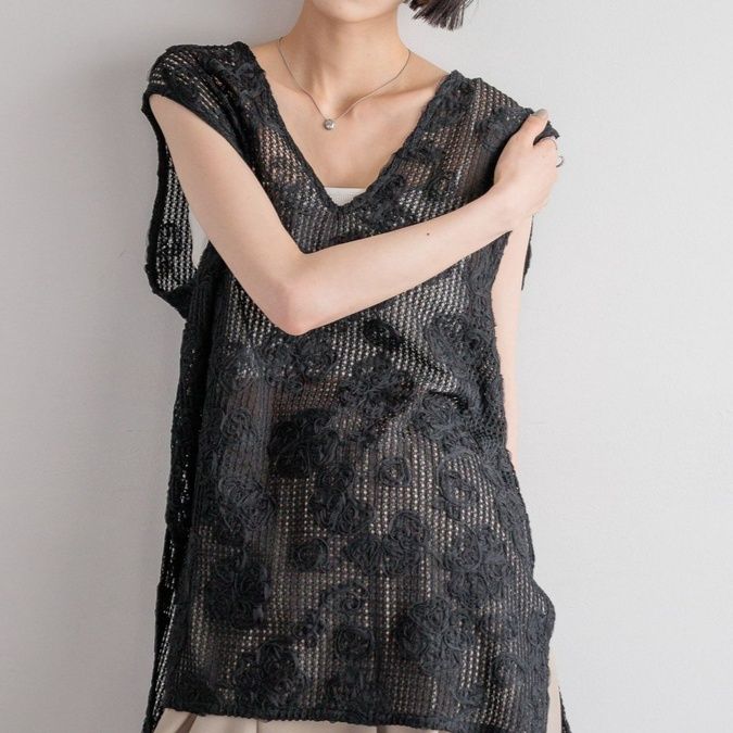 レース 服 花模様透かし編みレースチュニック